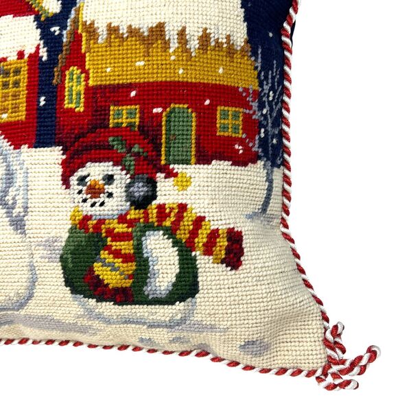 Needlepoint Winter Scene Throw Pillow Houses with Snow and Snowmen Trees Snow - Picture 4 of 8